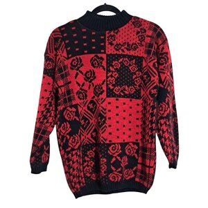 Vintage 80s Floral Sweater Womens S Red & Black Patchwork by Separate‎ Issue